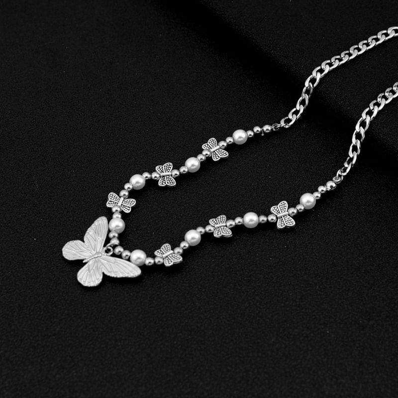 Butterfly Pendant Faux Pearl Beaded Necklace Product Image