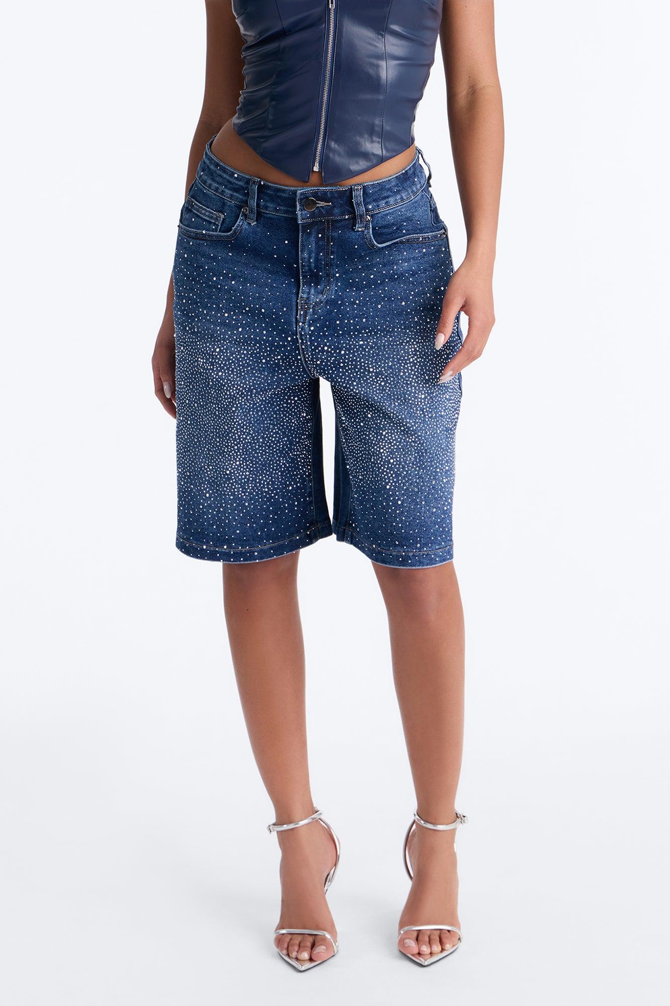 Fancy Pants Embellished Rhinestones Denim Shorts - Dark Wash Female Product Image