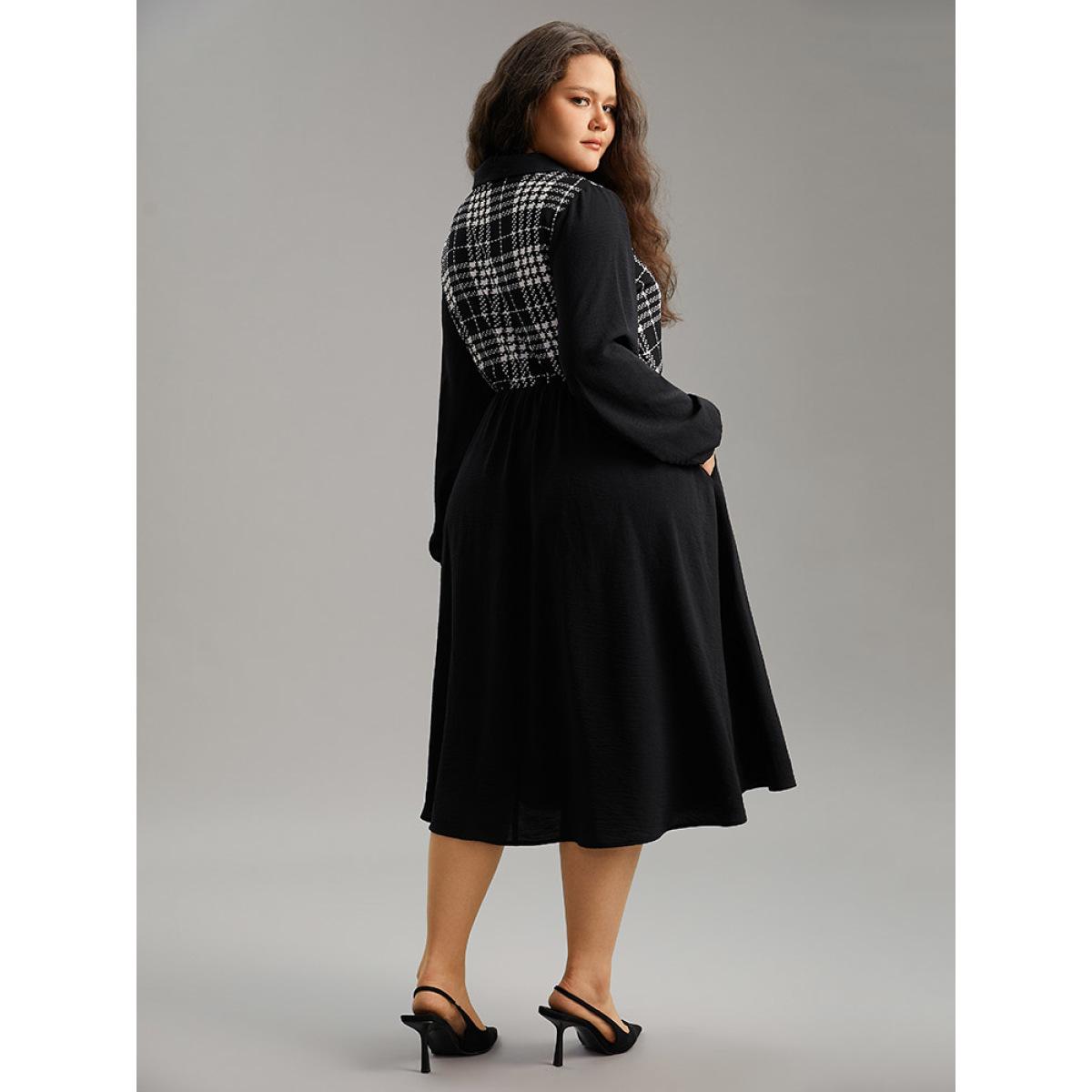 Plus Size Plaid Patchwork Lapel Collar Pocket Dress Black Women Office Patchwork Lapel Collar Long Sleeve Curvy Midi Dress BloomChic 10/M Product Image