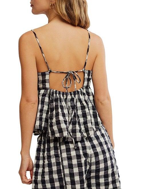 Free People Mia Woven Plaid Square Neck Sleeveless Pleated Peplum Coordinating Tank Top Product Image