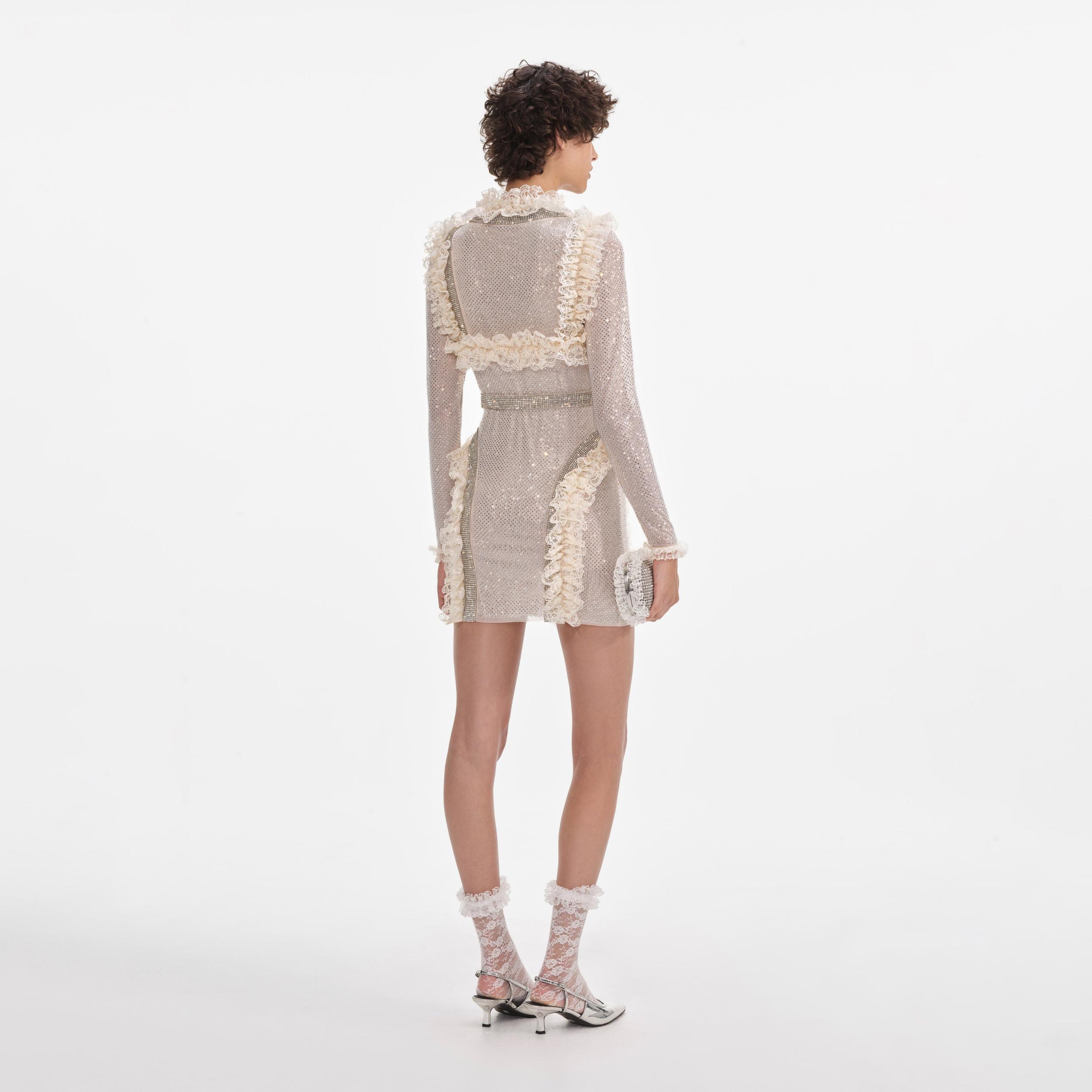 Cream Rhinestone Mesh Ruffle Mini Dress Product Image