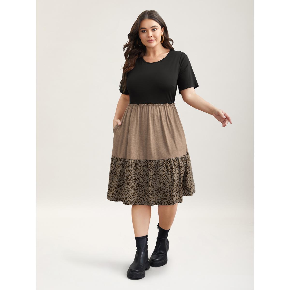 Plus Size Leopard Print Color-Block Pockets Midi Dress Multicolor Women Leisure Frill Trim Knit Dresses Bloomchic 18-20/2X Product Image