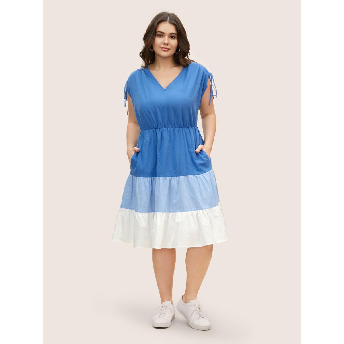 Plus Size V Neck Colorblock Contrast Drawstring Dress Brightblue Women Casual Contrast V-neck Sleeveless Curvy BloomChic 14-16/1X Product Image