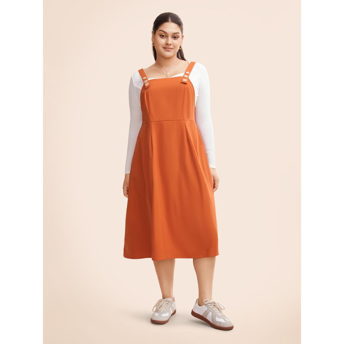 Plus Size Suspender Skirt Style Midi Dress OrangeRed Women Casual Button Non Sleeveless Curvy BloomChic 26/4X Product Image