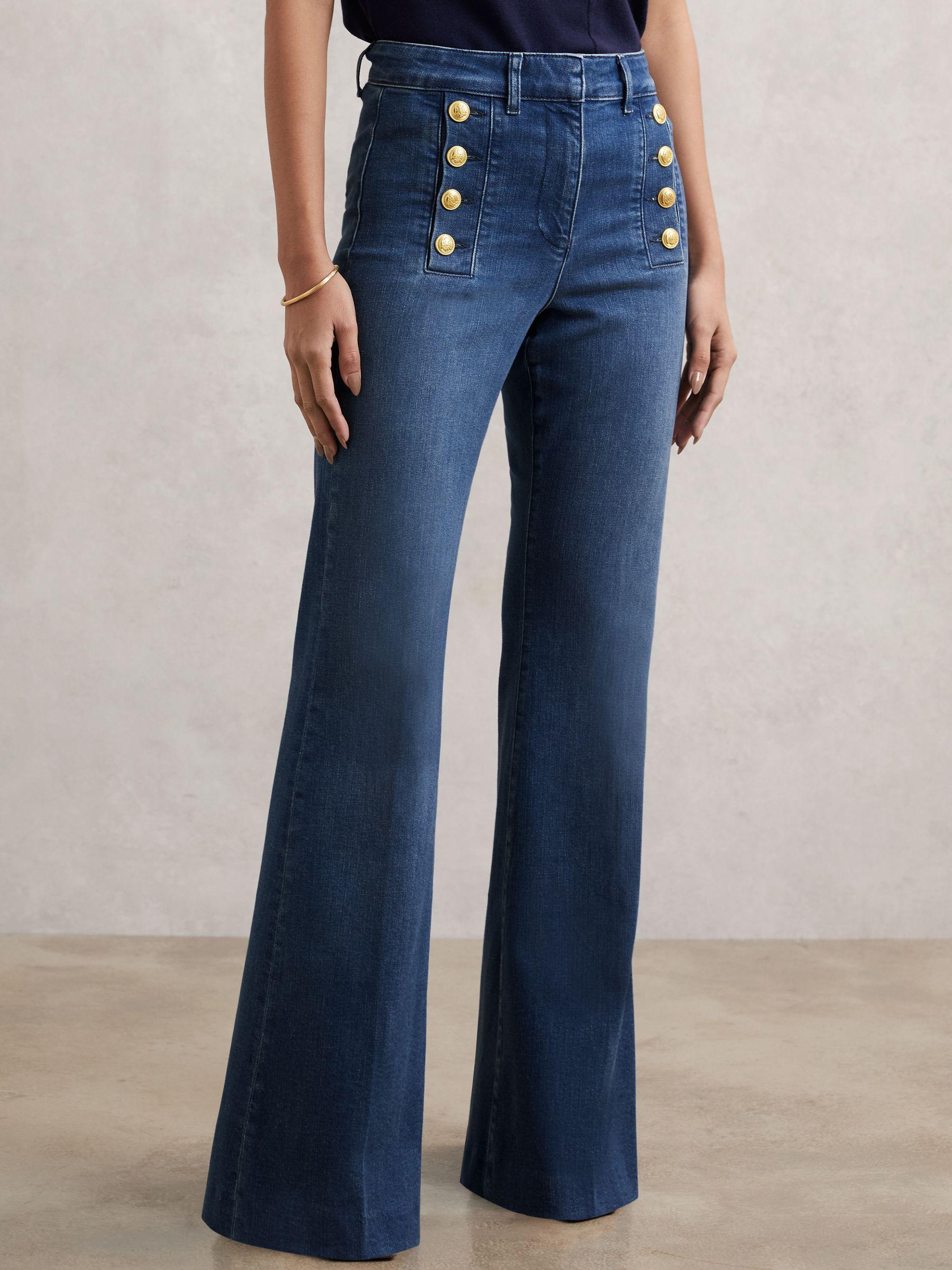 Button-Detail High-Rise Flared Jeans in Mid Blue Product Image