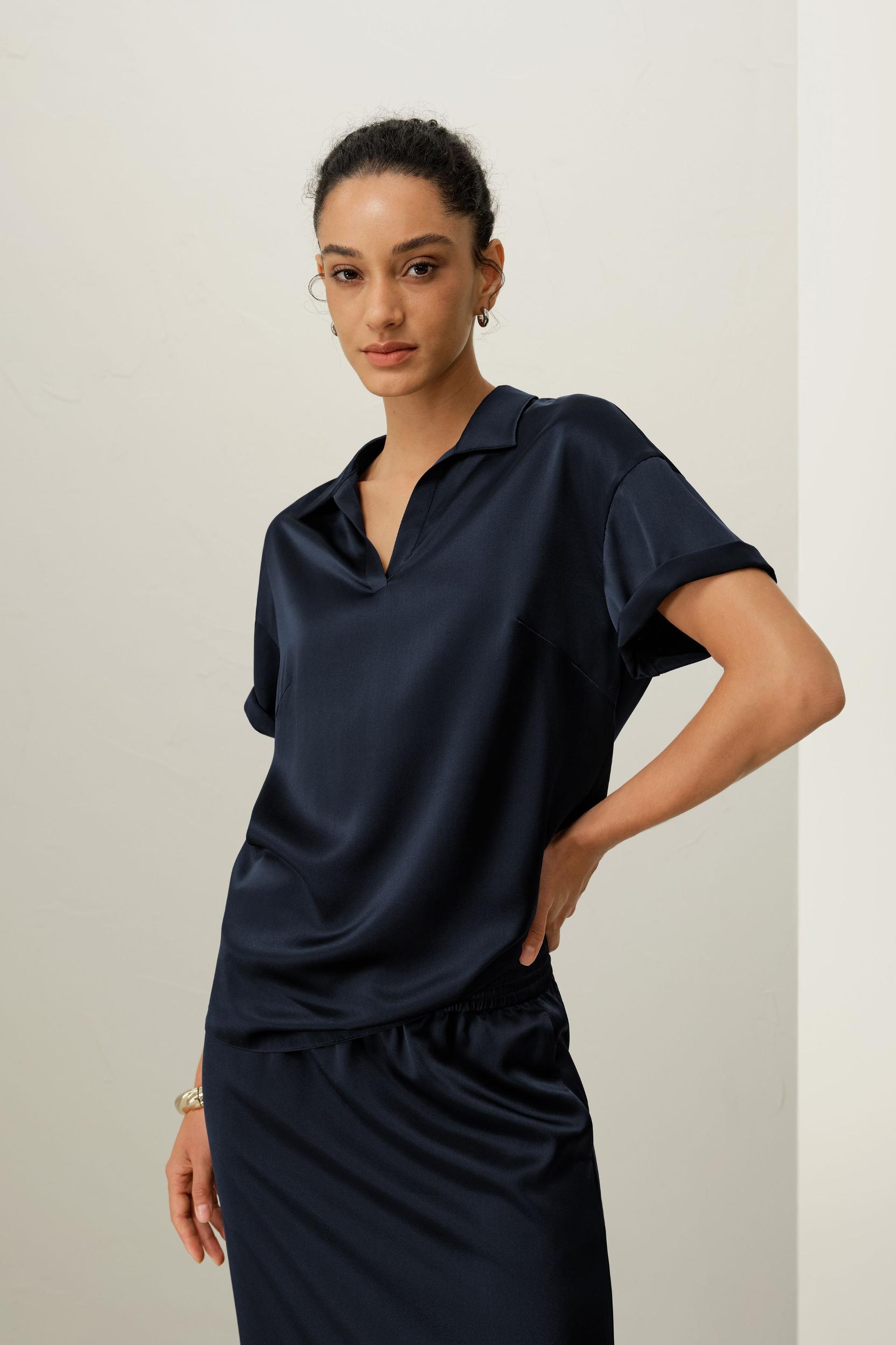 Washable Silk Charmeuse Polo Top Product Image