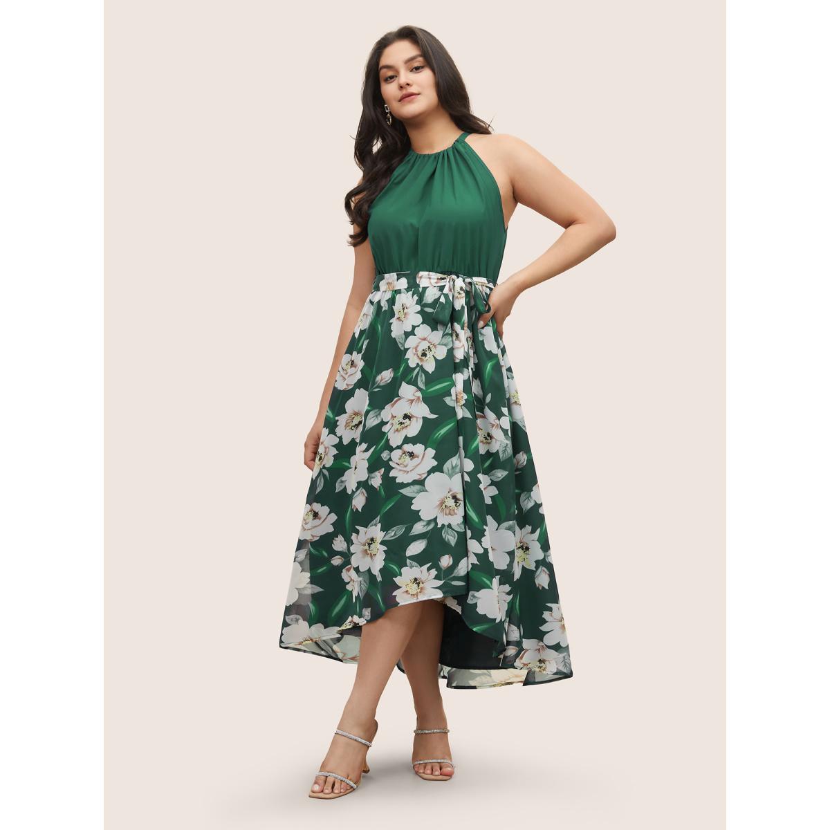 Plus Size Floral Patchwork Halter Ties High Low Hem Dress Indigo Women Elegant Non Halter neck Sleeveless Curvy Midi Dress BloomChic 10/M Product Image