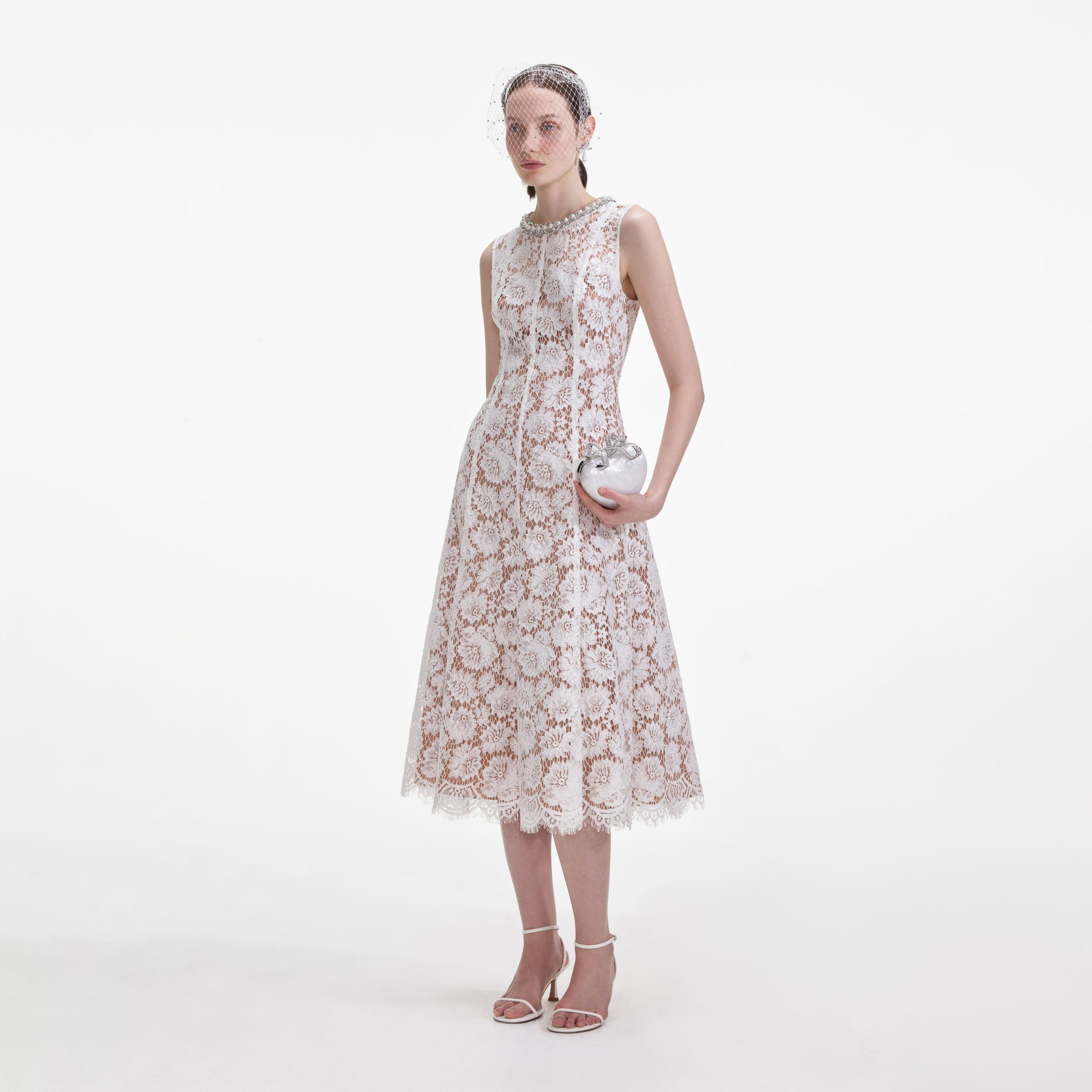 White Fine Lace Pearl Midi Dress Product Image