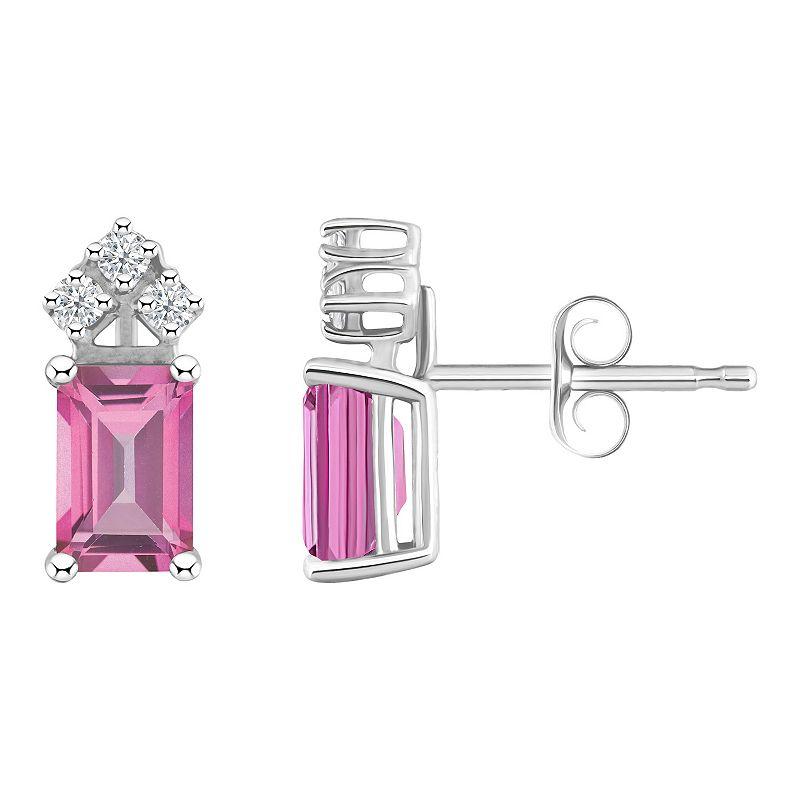 Celebration Gems 14k Gold Emerald Cut Pink Topaz & 1/8 Carat T.W. Diamond Stud Earrings, Womens Product Image