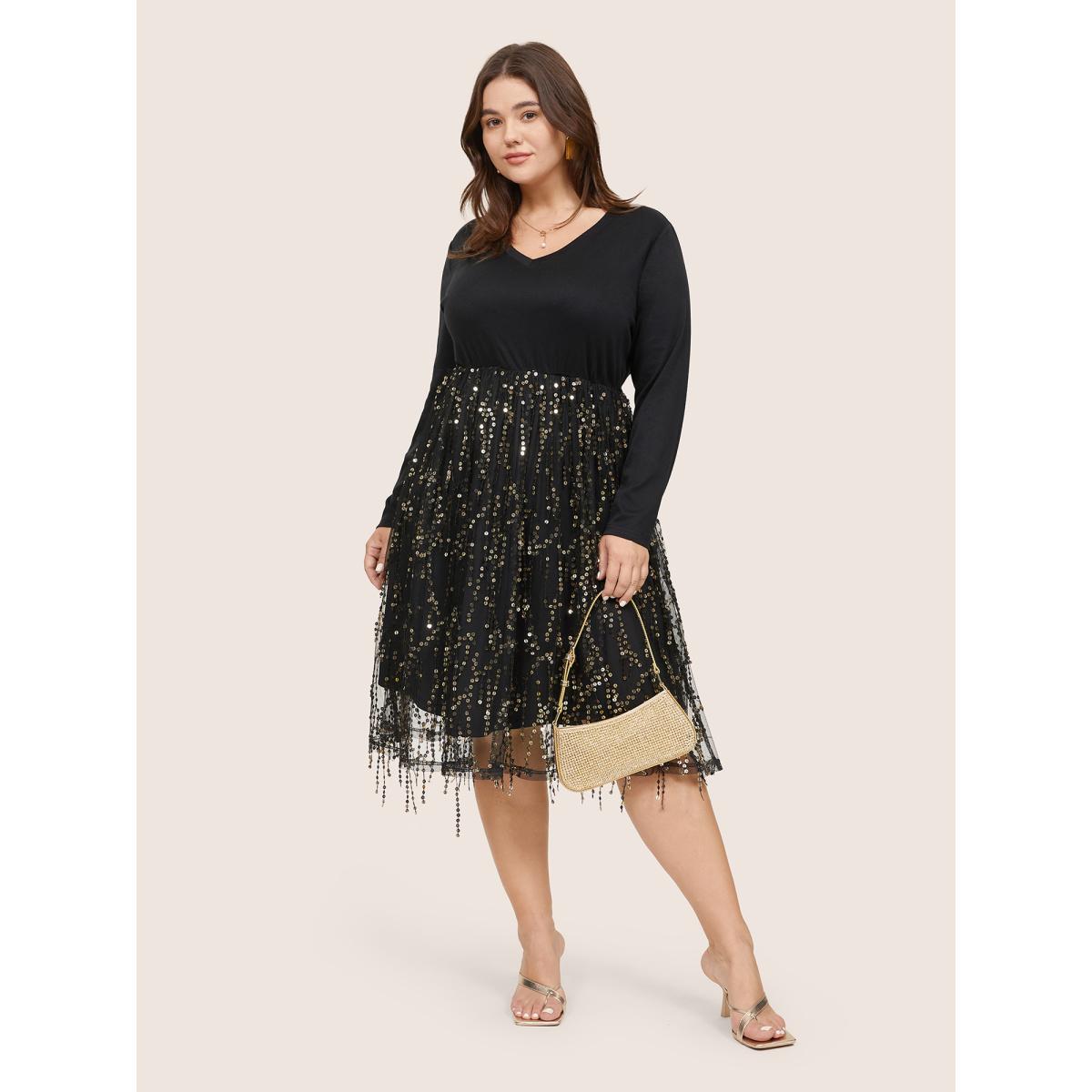 Plus Size Patchwork Sequin Mesh Tassel Trim Dress Black Women Cocktail Sequin V-neck Long Sleeve Curvy Knee Dress BloomChic 22-24/3X Product Image