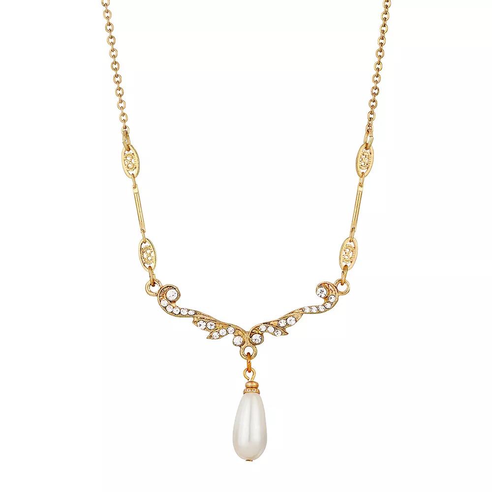 1928 Gold Tone Crystal Studded Bar Simulated Pearl Pendant Necklace, Womens, White Product Image