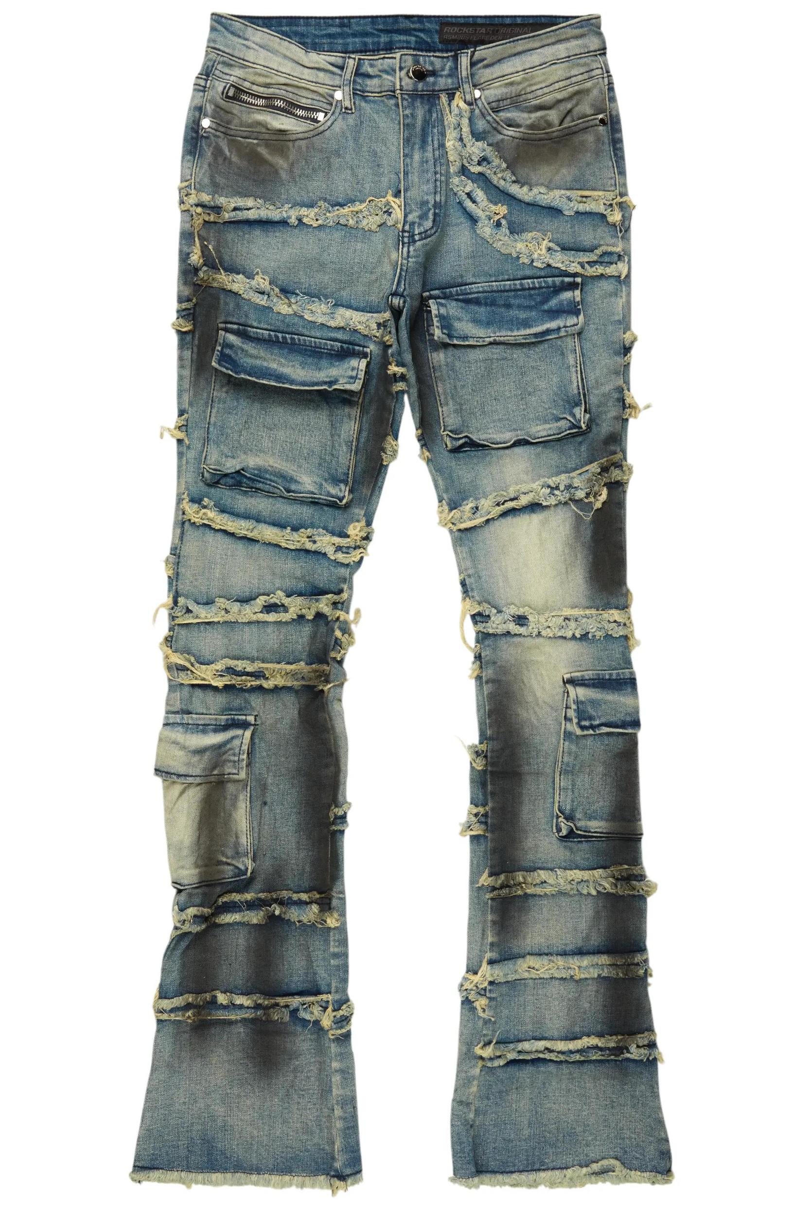 Yves Blue Stacked Flare Cargo Jean Male Product Image