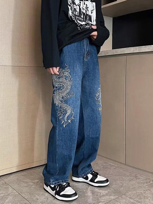 Men's Dragon Embroidered Straight Leg Jeans Product Image