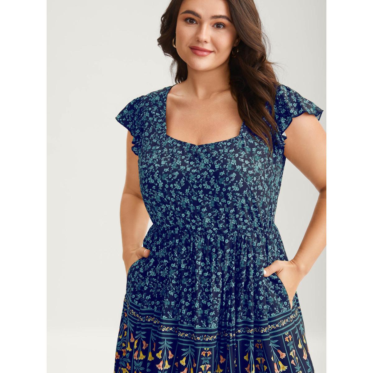 Plus Size Rayon Garden Fresh Ruffled Sleeve Midi Dress DarkBlue Women Heart neckline Cap Sleeve Curvy BloomChic 28/5X Product Image