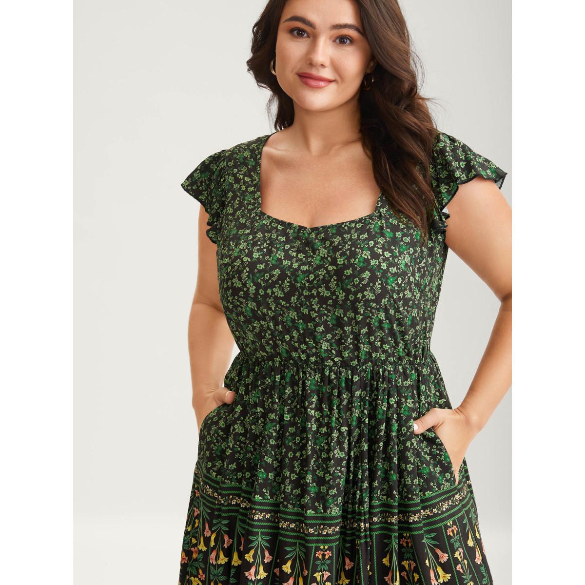 Plus Size Rayon Garden Fresh Ruffled Sleeve Midi Dress DarkGreen Women Resort Heart neckline Cap Sleeve Curvy BloomChic 10/M Product Image