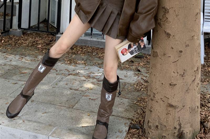 Plain Faux Leather Zip Jacket / High Rise Pleated Mini A-Line Skirt Product Image