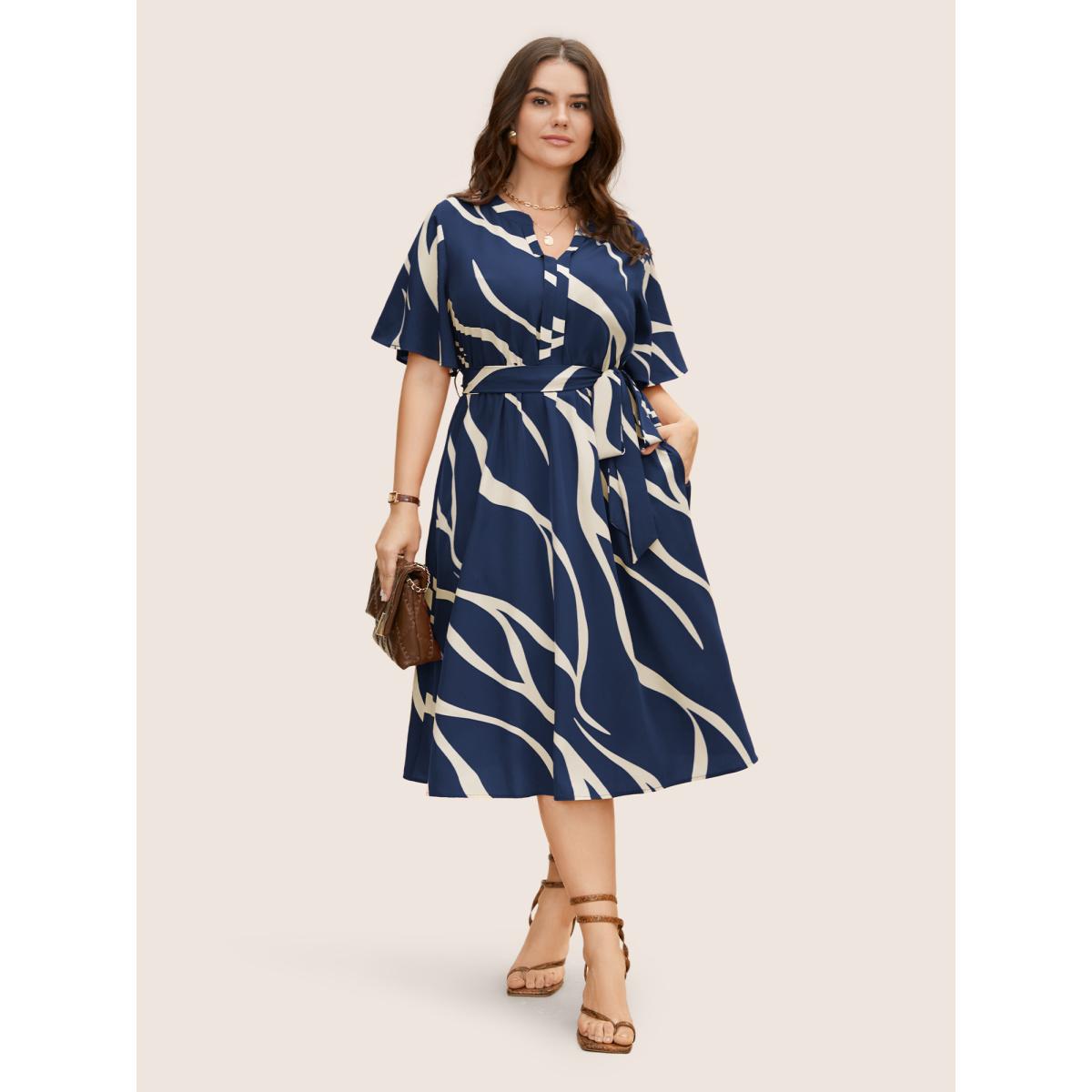 Plus Size Geometric Surplice Neck Tie Knot Midi Dress Navy Women At the Office Belted Flat collar with V-notch Short sleeve Curvy BloomChic 10/M Product Image