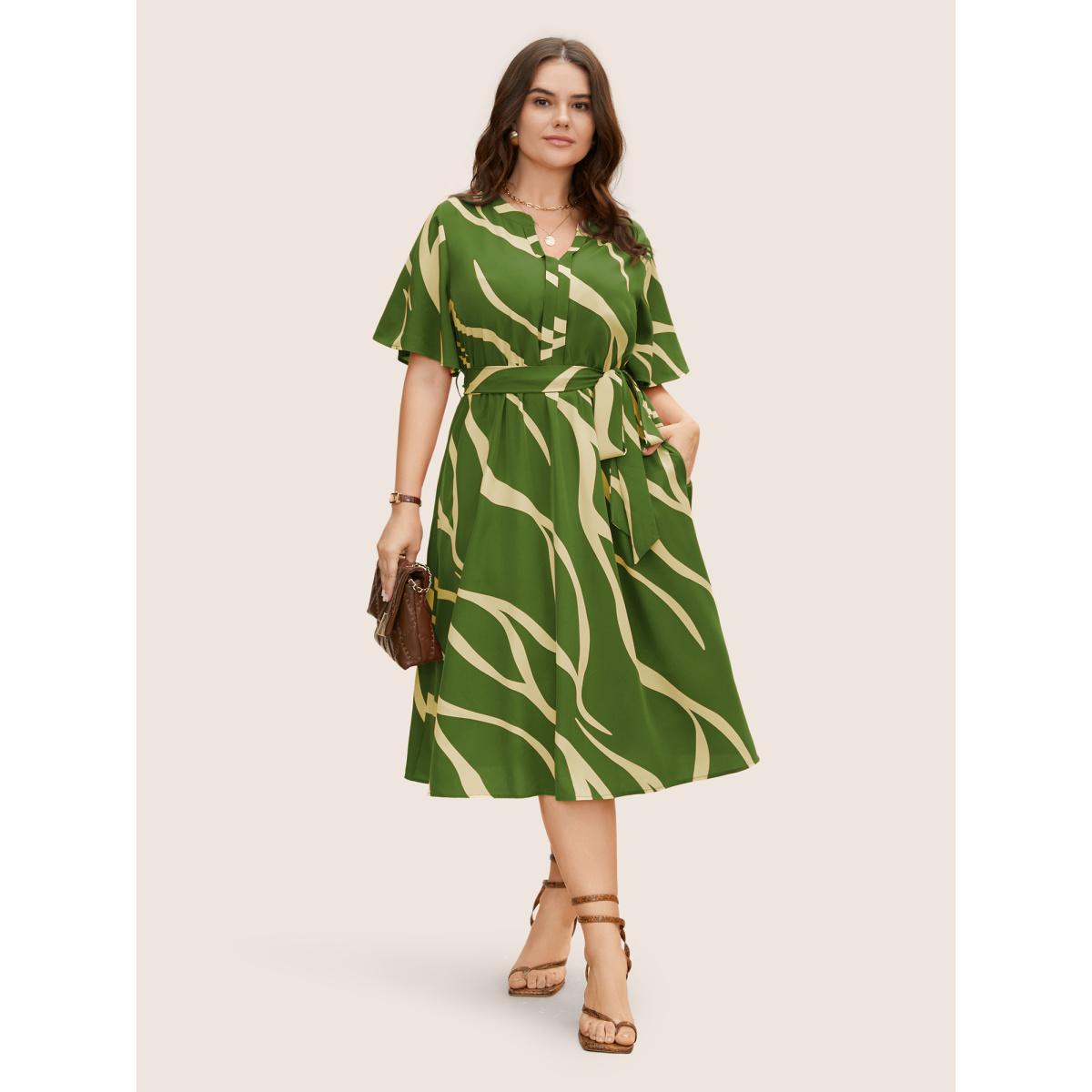 Plus Size Geometric Surplice Neck Tie Knot Midi Dress Olive Women At the Office Belted Flat collar with V-notch Short sleeve Curvy BloomChic 30/6X Product Image