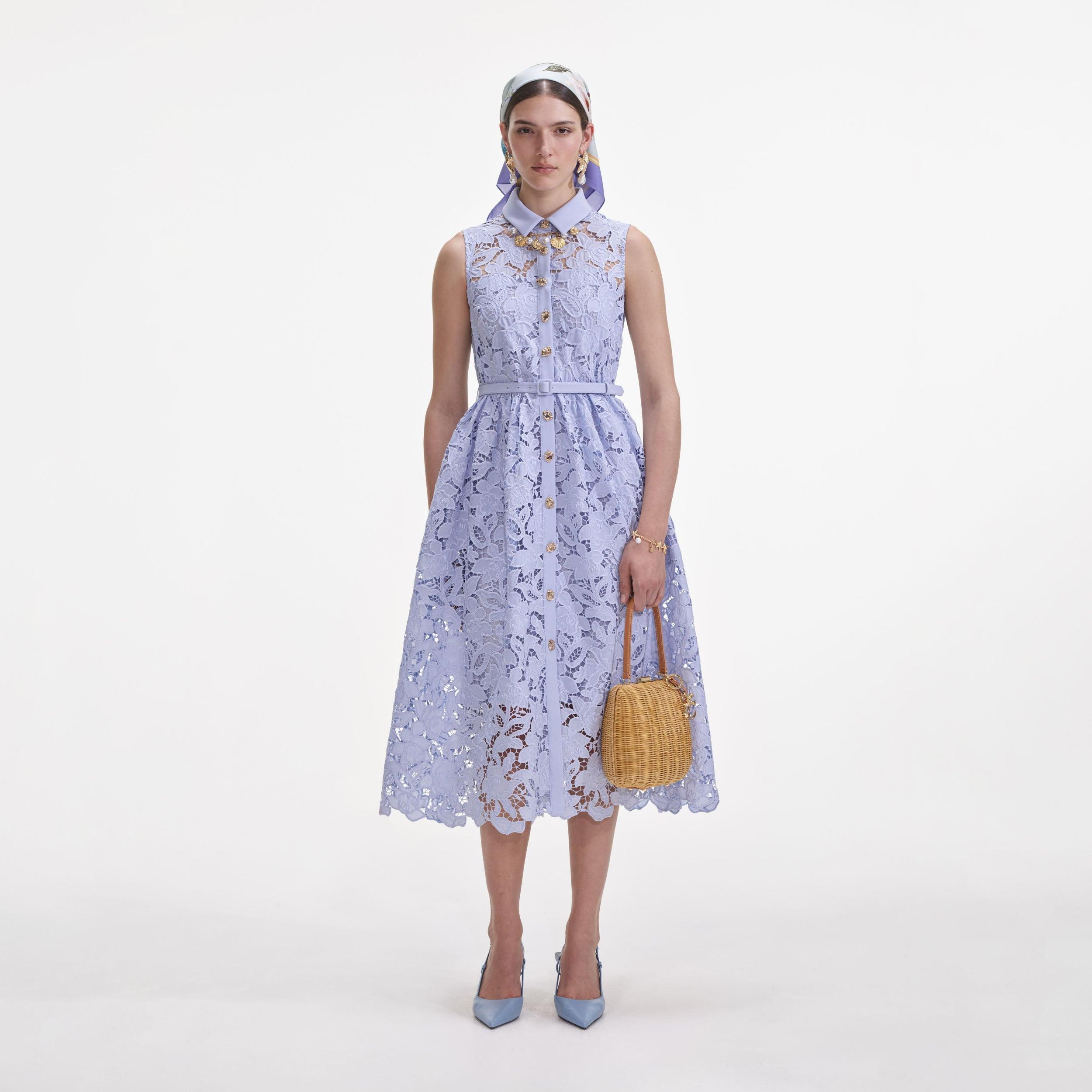 Blue Lace Sleeveless Midi Dress Product Image