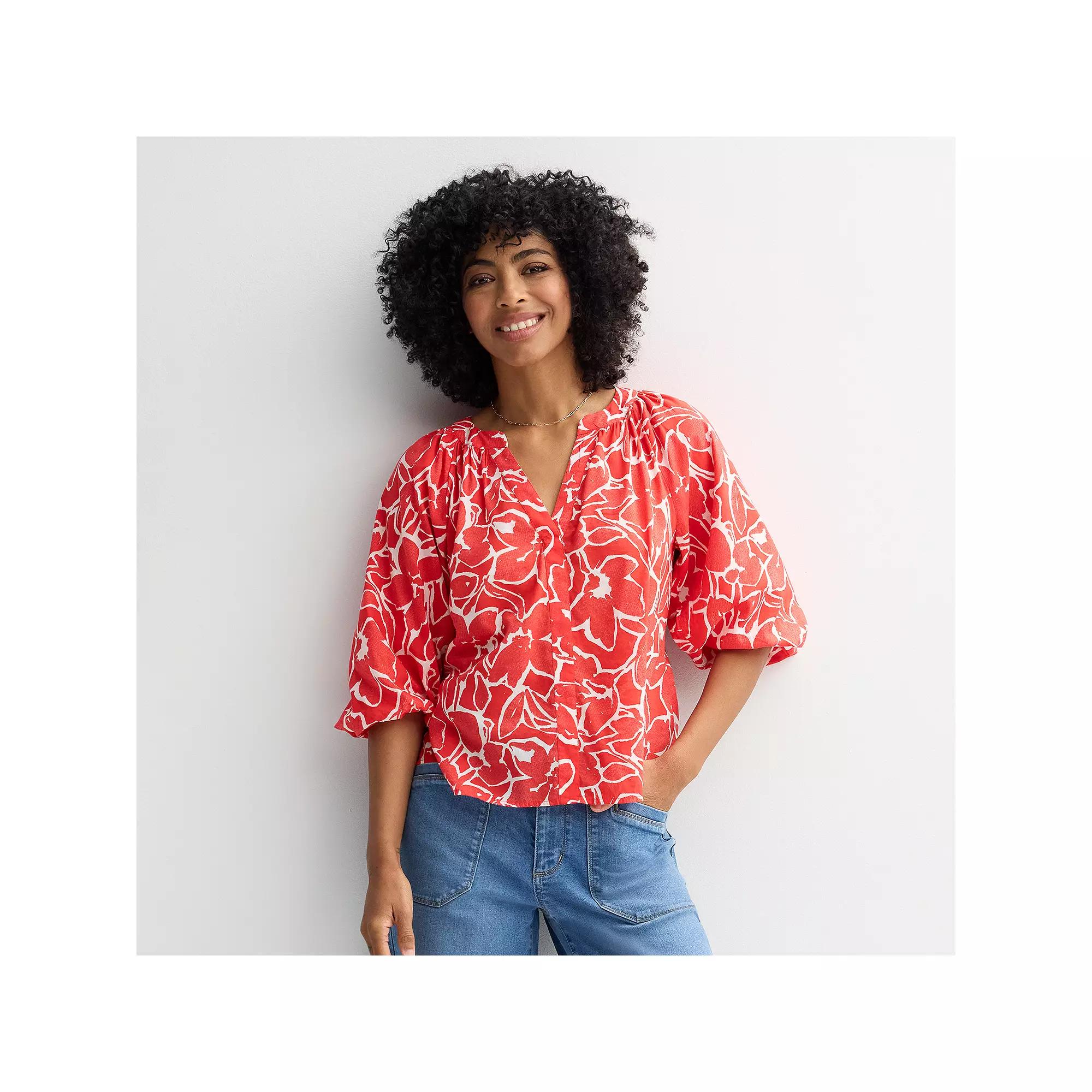 Women's Sonoma Goods For Life® Shirred Balloon Sleeve Y-Neck Top, Size: XXL, Red Painted Floral Product Image