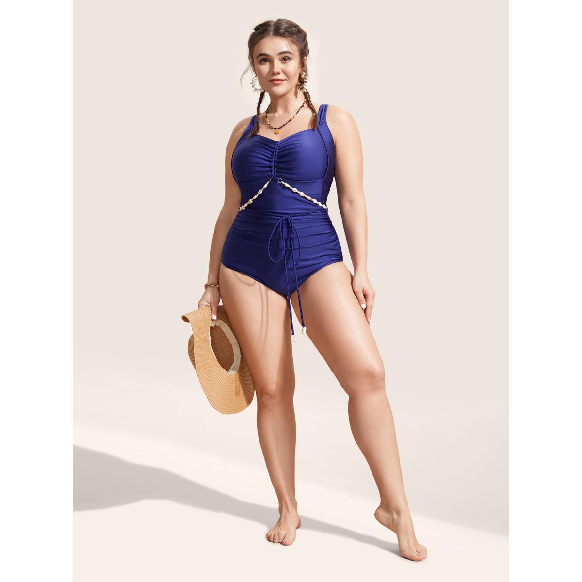 Plus Size Plain Shell Detail Gathered One Piece Swimsuit Women's Swimwear Indigo Beach Wraparound straps Curve Bathing Suits High stretch One Pieces BloomChic 14-16/1X Product Image