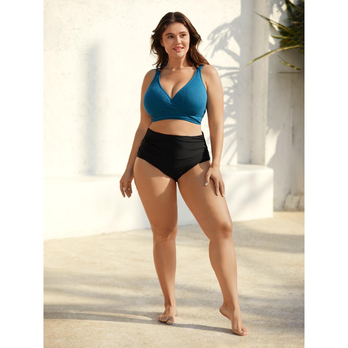 Plus Size Surplice Neck Textured Lace Swim Top Women's Swimwear Aegean Beach Tie knot High stretch Skinny Overlap Collar Curve Swim Tops BloomChic 26/4X Product Image