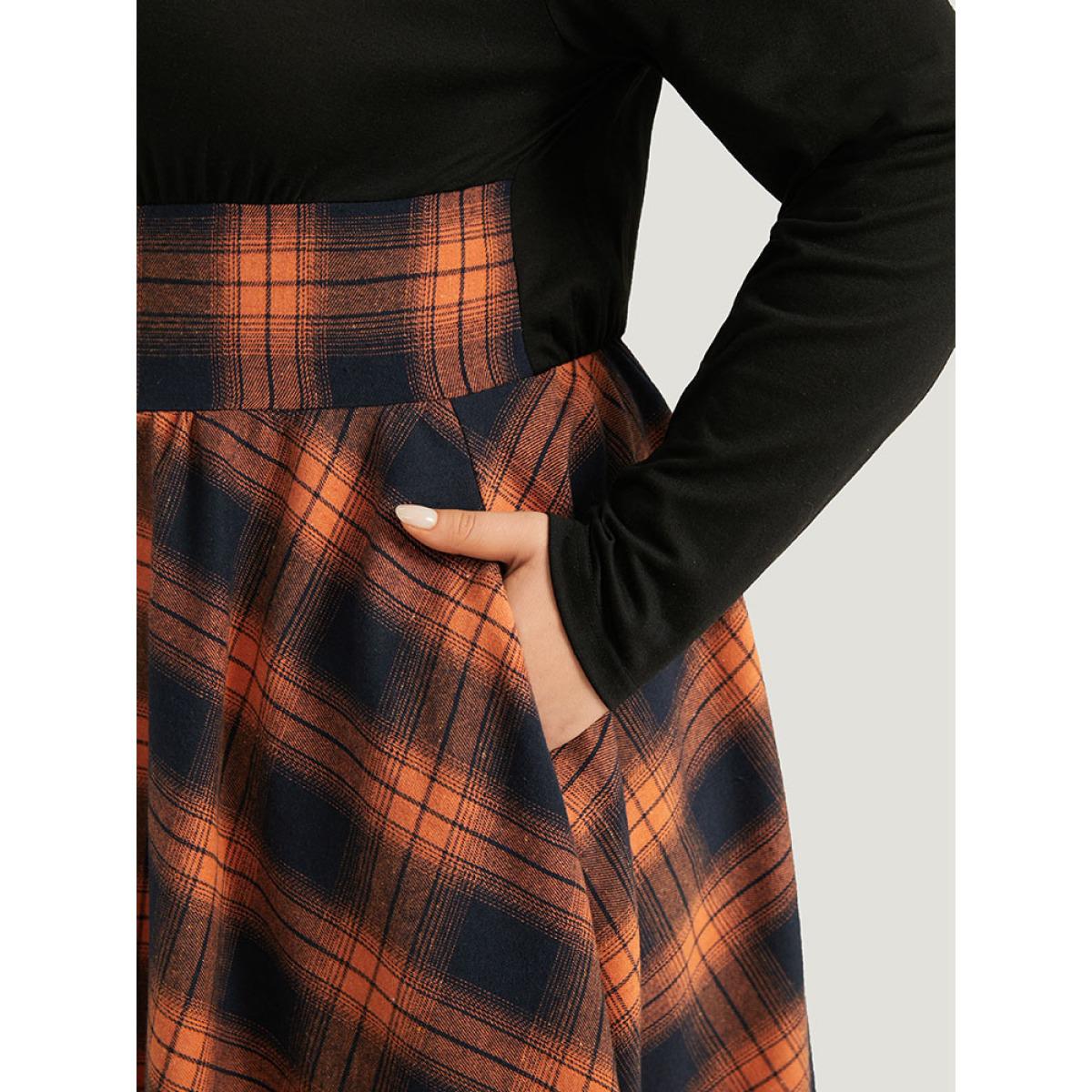 Plus Size Halloween Plaid Lace Up Pocket Asymmetrical Hem Dress Orange Women Casual Cross straps Round Neck Long Sleeve Curvy Midi Dress BloomChic 12/L Product Image