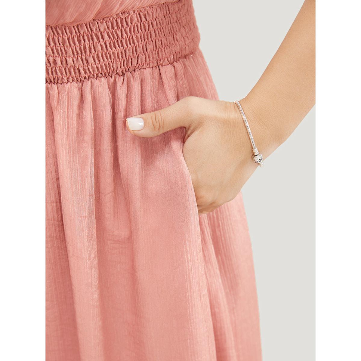 Plus Size Solid Pocket Ruffle Hem Wrap Shirred Tank Dress Pink Women Party Wrap V-neck Sleeveless Curvy Midi Dress BloomChic 22-24/3X Product Image