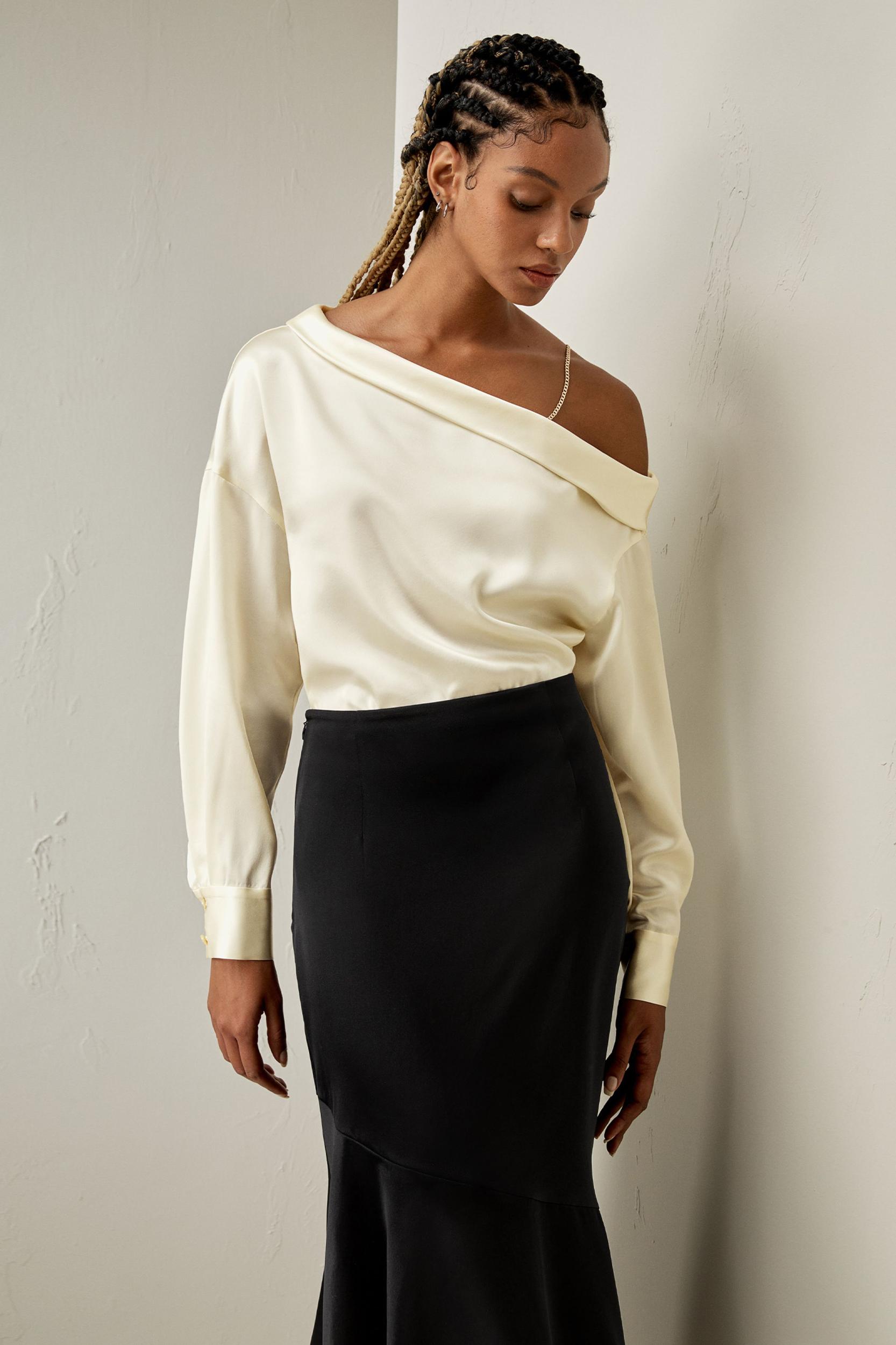 LILYSILK Women's Chic Silk Charmeuse One-Shoulder Party Top with Chain Lily White L Product Image