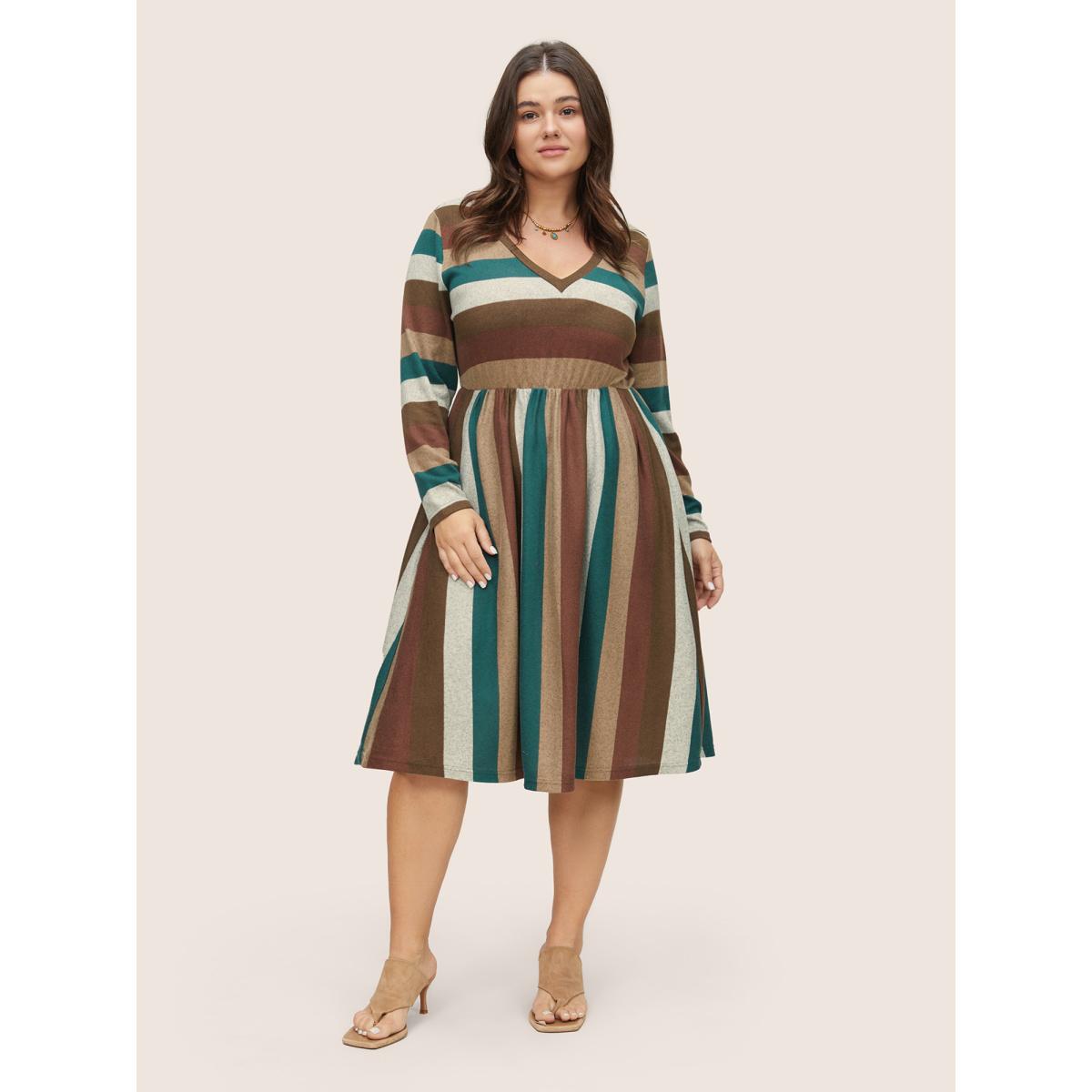 Plus Size Contrast Striped Pocket V Neck Dress Multicolor Women Casual Non V-neck Long Sleeve Curvy Knee Dress BloomChic 14-16/1X Product Image