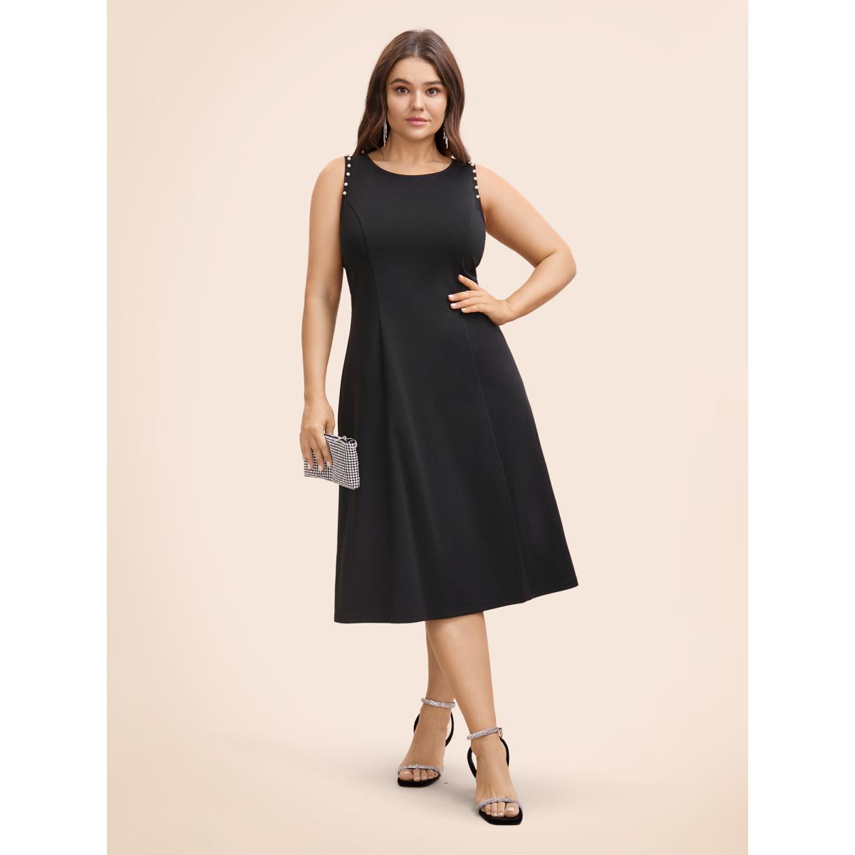 Plus Size Crew Neck Pearl Beaded Tank Dress Black Women Elegant Beaded Round Neck Sleeveless Curvy BloomChic 10/M Product Image