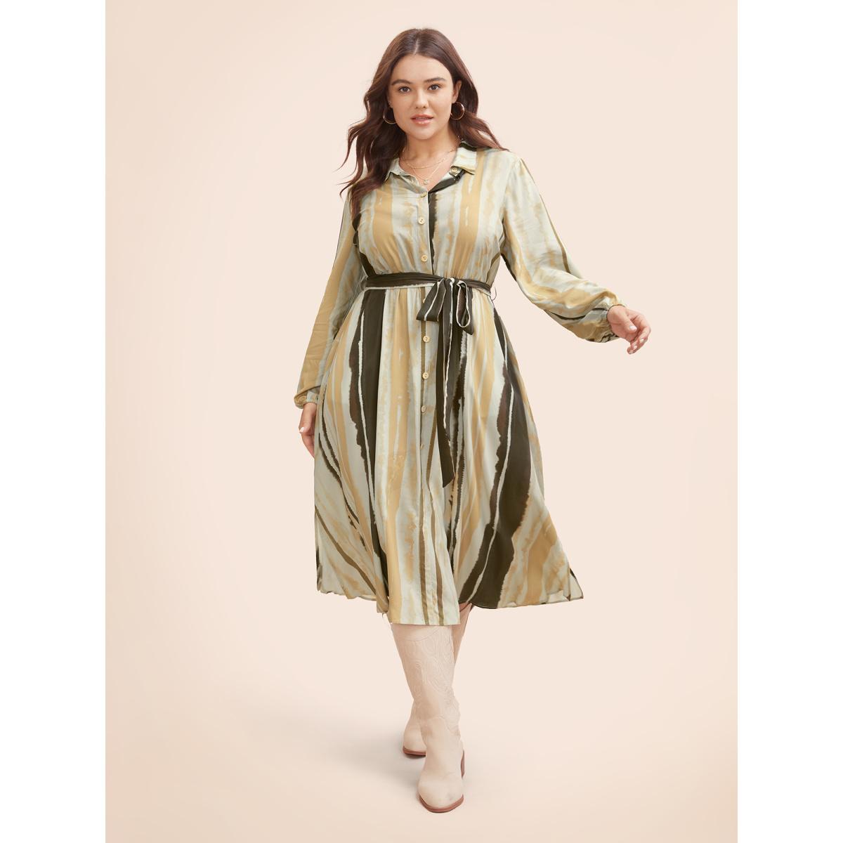 Plus Size Shirt Collar Striped Pocket Belted Dress Multicolor Women Elegant Belted Shirt collar Long Sleeve Curvy BloomChic 12/L Product Image