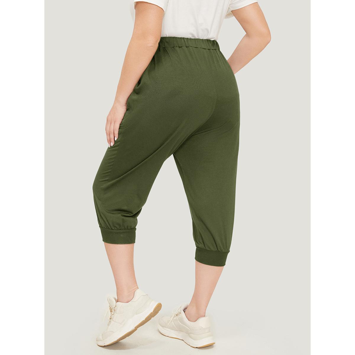 Plus Size Solid Knot Front Pocket Carrot Pants Women ArmyGreen Casual High Rise Dailywear Pants BloomChic 30/6X Product Image