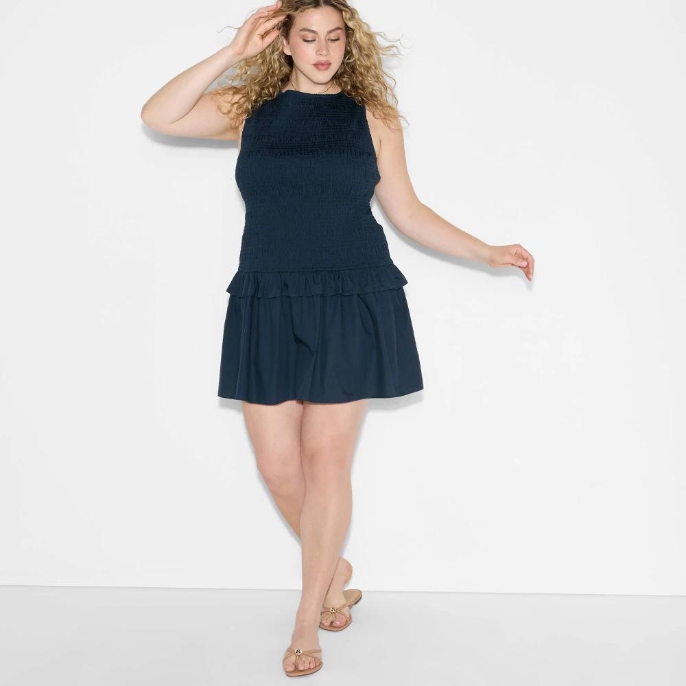 Women's High Neck Smocked Mini A-Line Dress - Wild Fable™ Navy Blue 4X Product Image