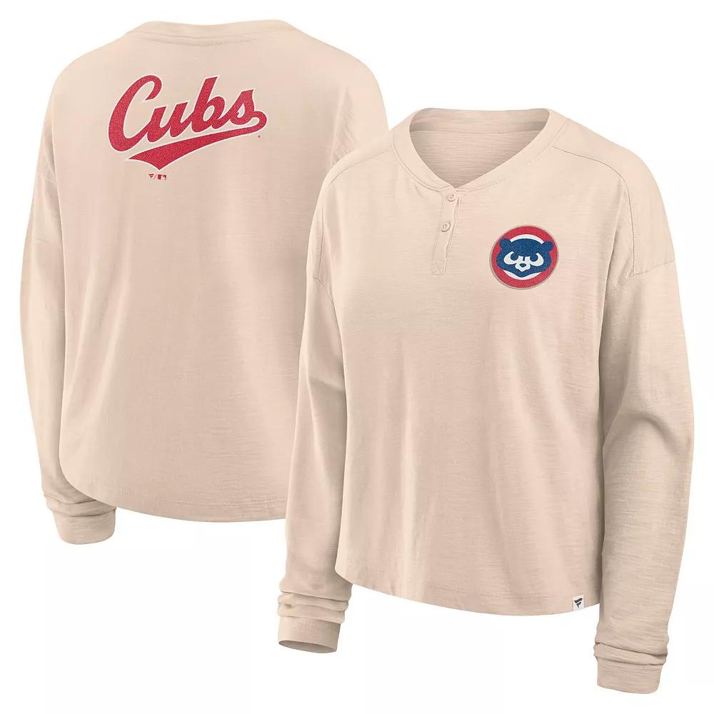 Women's Fanatics Tan Chicago Cubs Oversized Stadium Slub Long Sleeve Henley T-Shirt, Size: Small, Team Product Image