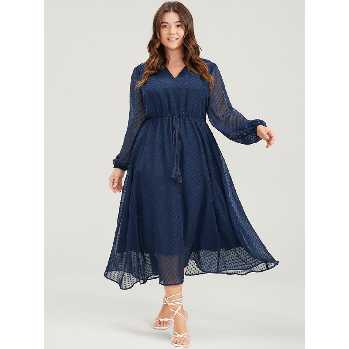 Plus Size Solid Geometric Mesh V Neck Lantern Sleeve Tie Dress Navy Women Glamour Heather V-neck Long Sleeve Curvy Midi Dress BloomChic 10/M Product Image