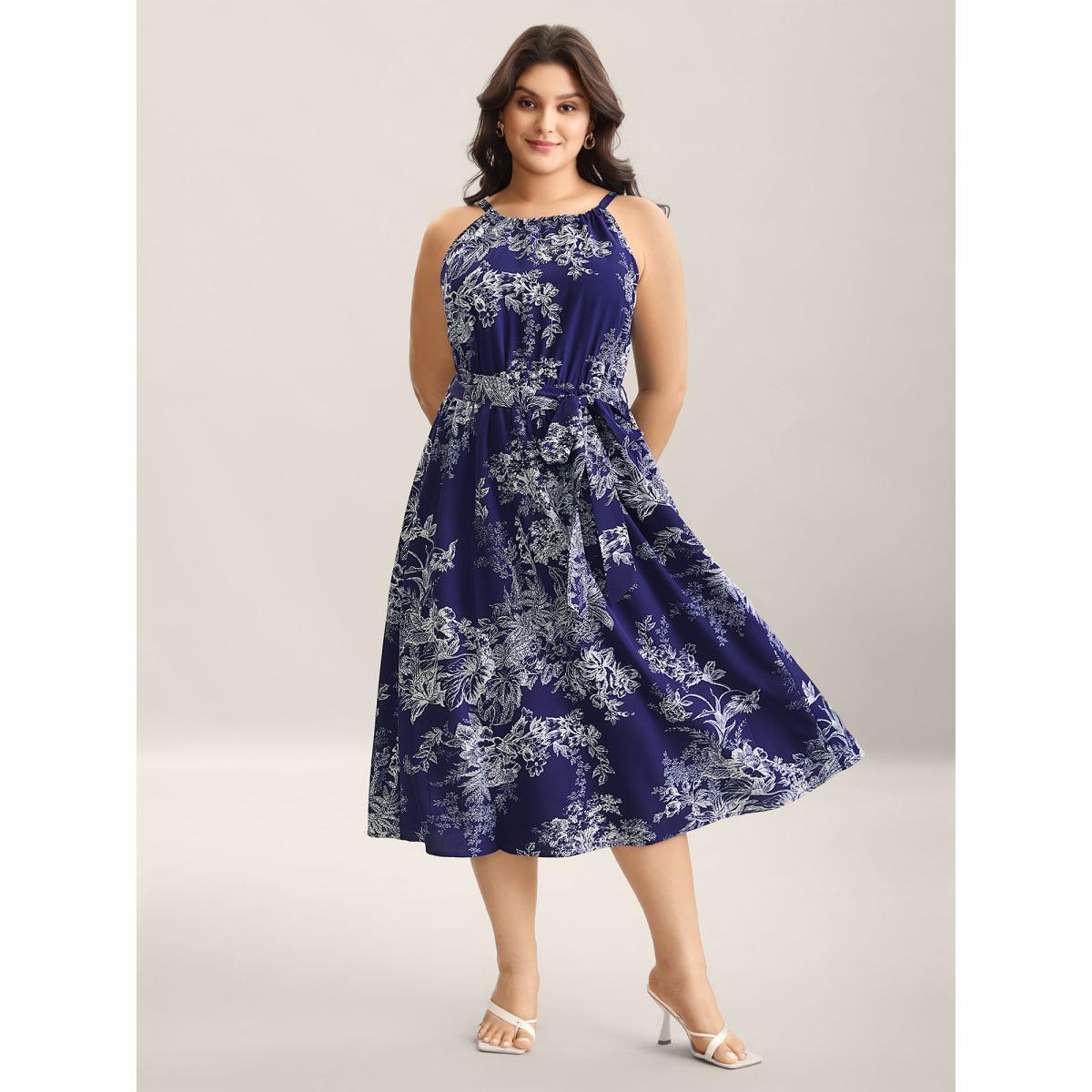Plus Size Spring Time Florals Sleeveless Midi Dress DarkBlue Women Romantic Gathered Halter neck Sleeveless Curvy BloomChic 28/5X Product Image
