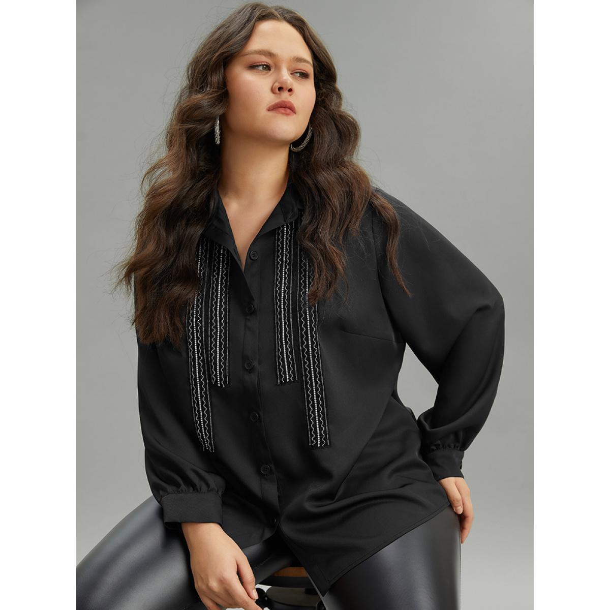 Plus Size Black Twill Rhinestone Contrast Webbing Button Through Blouse Women Glamour Long Sleeve Shirt collar Going out Blouses BloomChic 12/L Product Image
