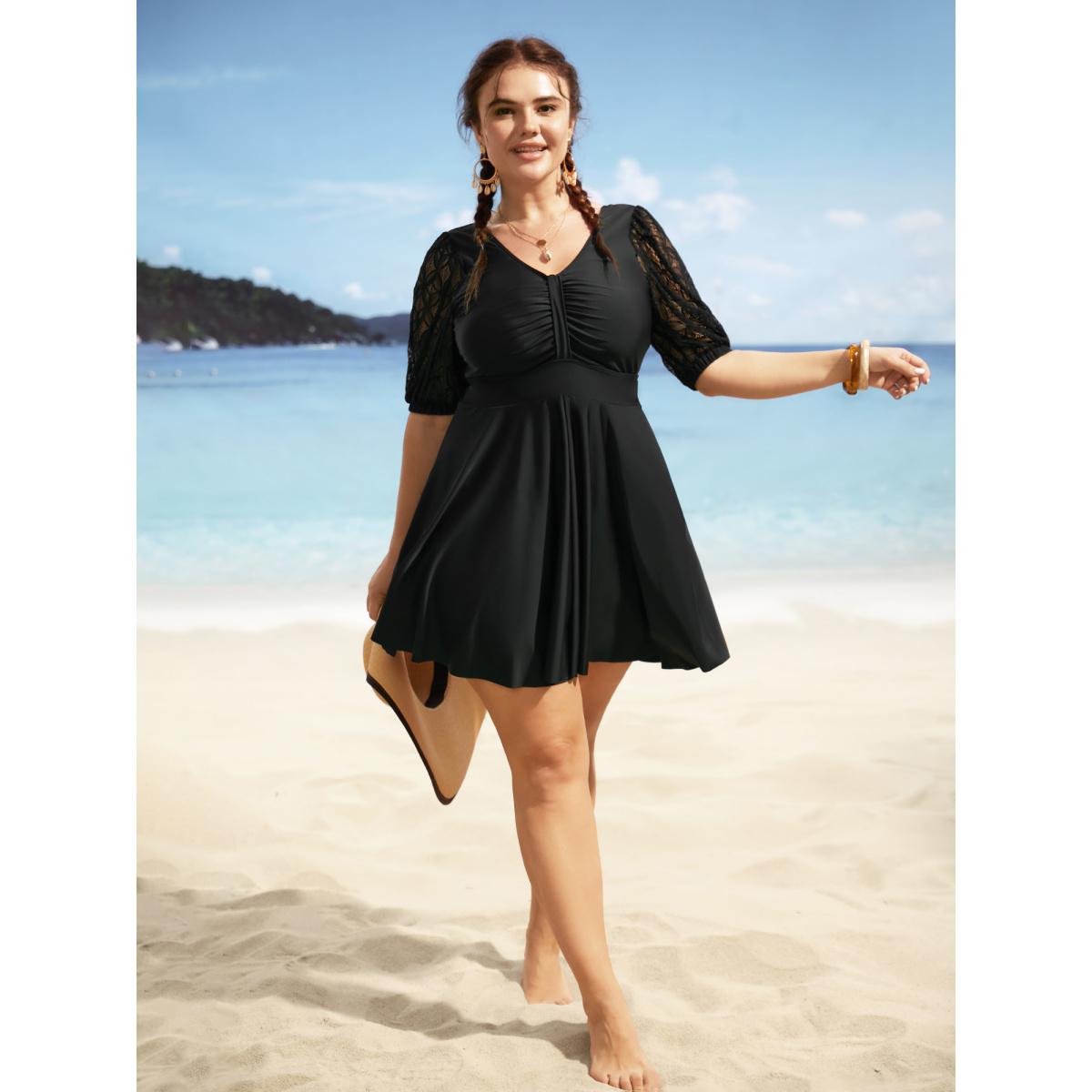 Plus Size Crochet Lace Mesh Texture Ruched Swim Dress Women's Swimwear Black Beach Bodycon Heart neckline High stretch Curve Swim Dresses BloomChic 10/M Product Image