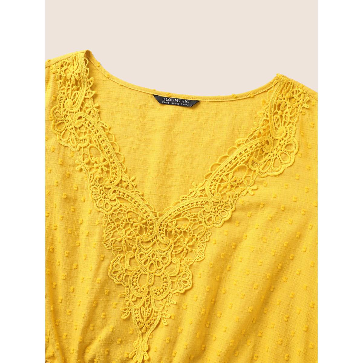 Plus Size Yellow Solid Woven Ribbon Frill Trim Gathered Blouse Women Resort Short sleeve V-neck Vacation Blouses BloomChic 22-24/3X Product Image