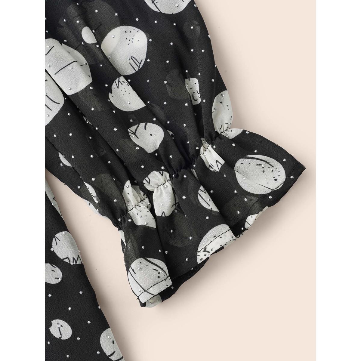 Plus Size Black Polka Dot Rhinestone Lantern Sleeve Blouse Women Casual Long Sleeve V-neck Everyday Blouses BloomChic 12/L Product Image