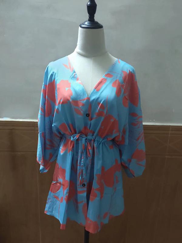 Original Loose Floral Printed Contrast Color Tied Mini Shirt Dress Product Image