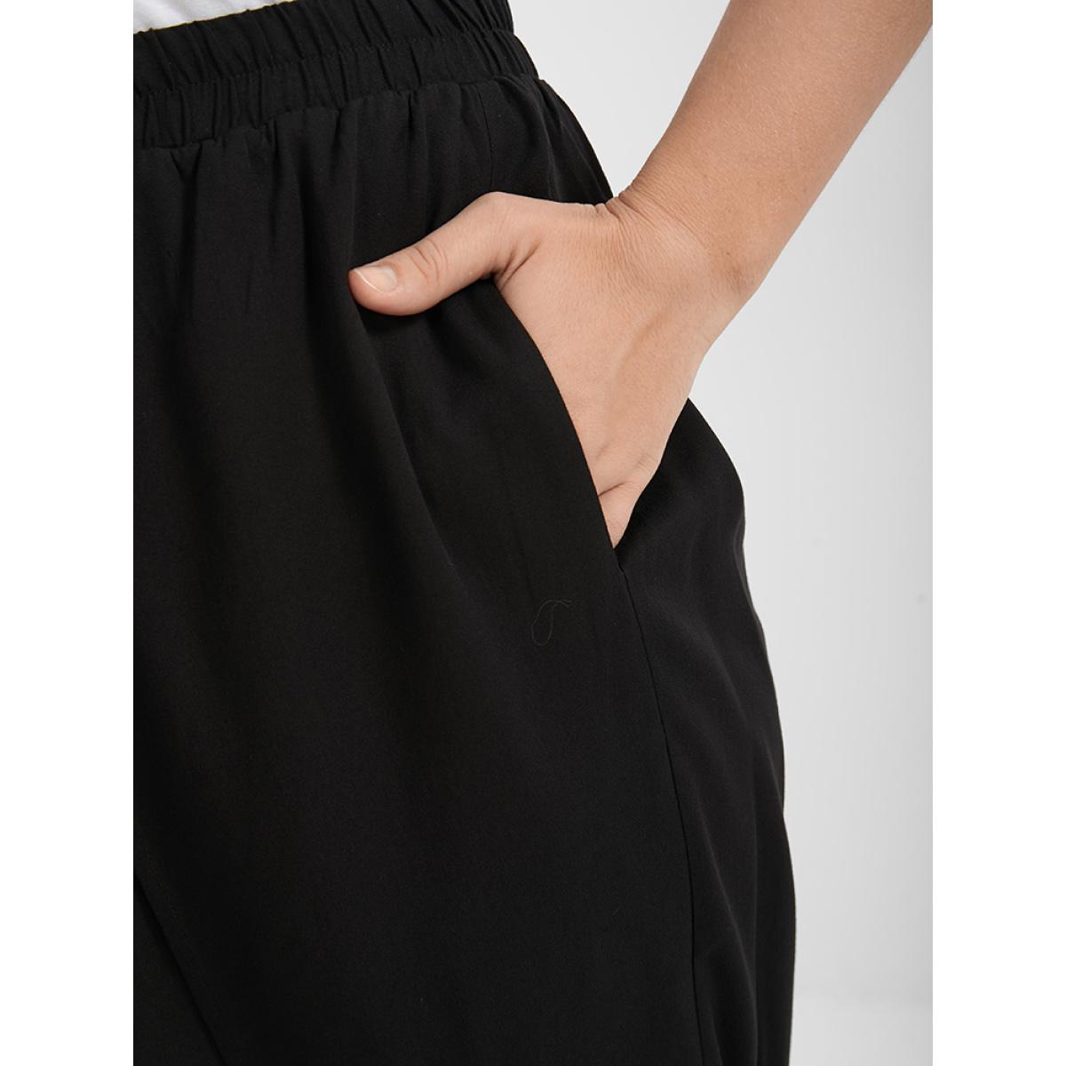 Plus Size Solid Wrap Split Pocket Knot Waist Pants Women Black Casual Wide Leg High Rise Dailywear Pants BloomChic 10/M Product Image