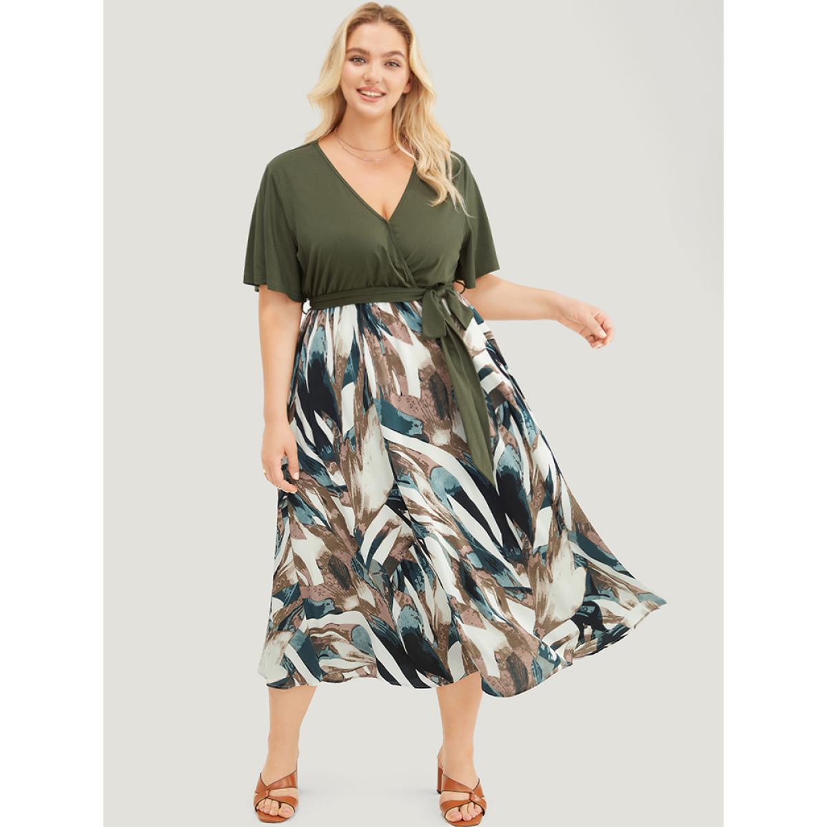 Plus Size Graphic Print Pocket Ruffle Surplice Neck Belt Dress Moss Women Office Lined V-neck Short sleeve Curvy Midi Dress BloomChic 10/M Product Image