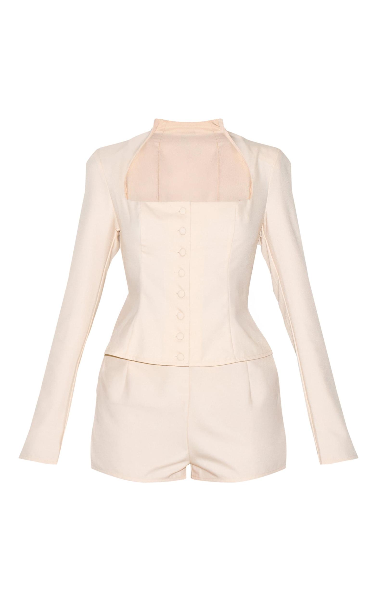  Cream Woven Square Neck Button Detail Romper Product Image