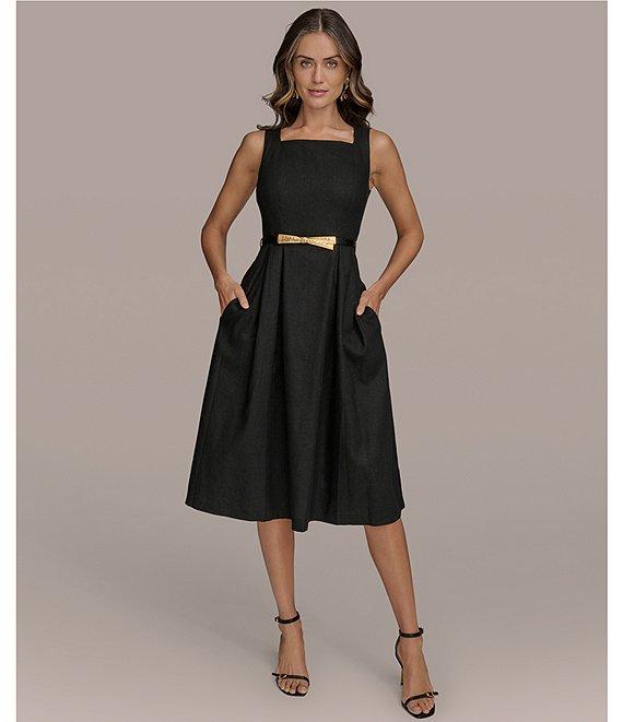 Donna Karan Square Neck Sleeveless A-Line Belted Midi Dress Product Image