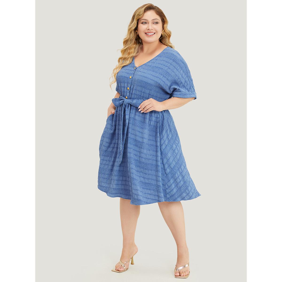 Plus Size Solid Textured Pocket Roll Batwing Sleeve Button Up Knee Dress Stone Women Office Cross straps V-neck Short sleeve Curvy Knee Dress BloomChic 28/5X Product Image