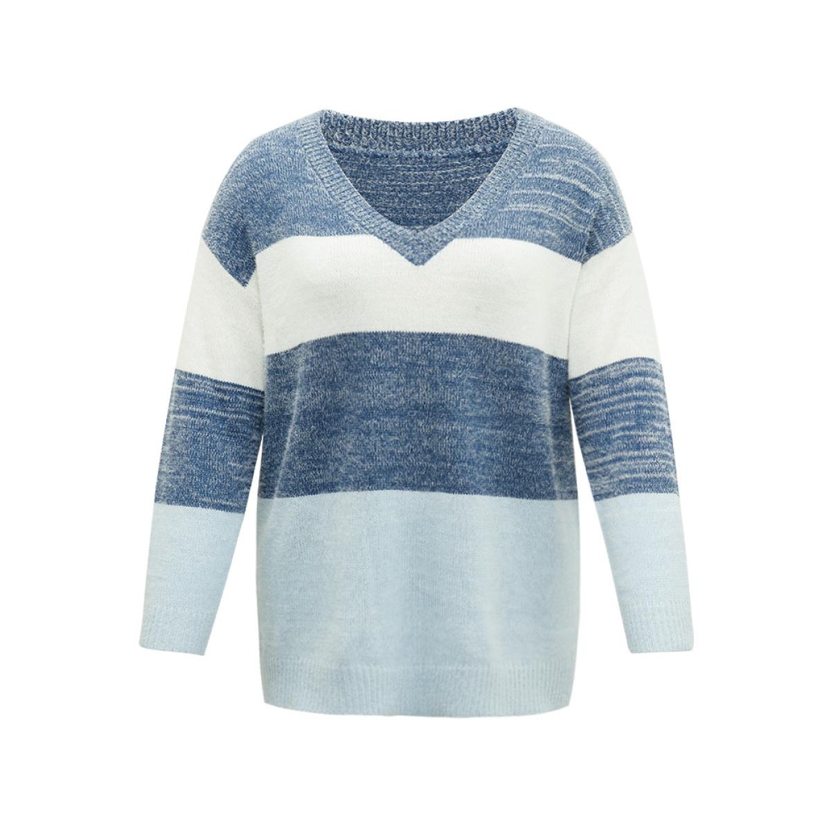 Plus Size Colorblock Contrast V Neck Pullover Multicolor Women Casual Long Sleeve V-neck Dailywear Pullovers BloomChic 22-24/3X Product Image