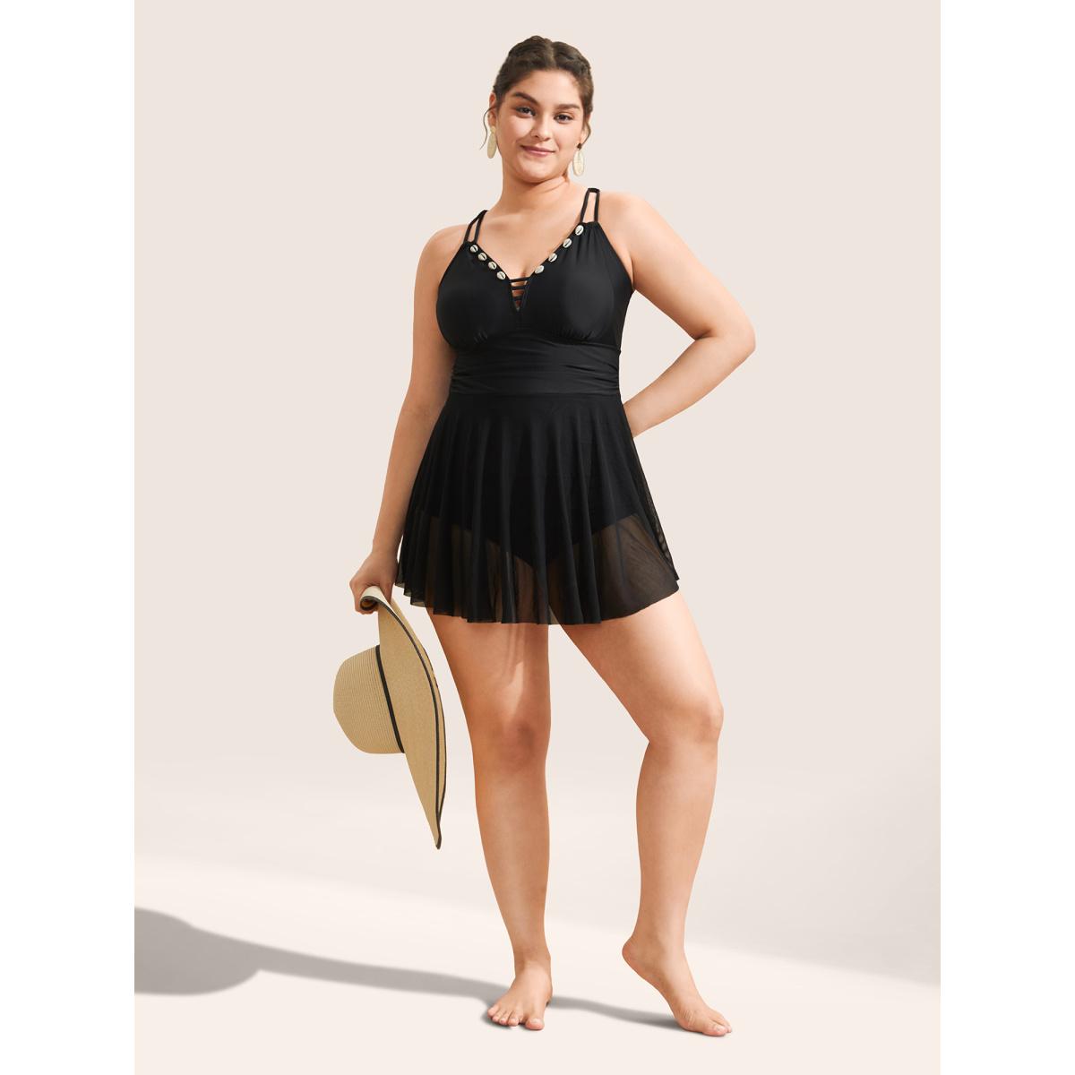 Plus Size Plain Shell Detail Cut Out Gathered Swim Dress Women's Swimwear Black Beach Bodycon V-neck No stretch Curve Swim Dresses BloomChic 18-20/2X Product Image