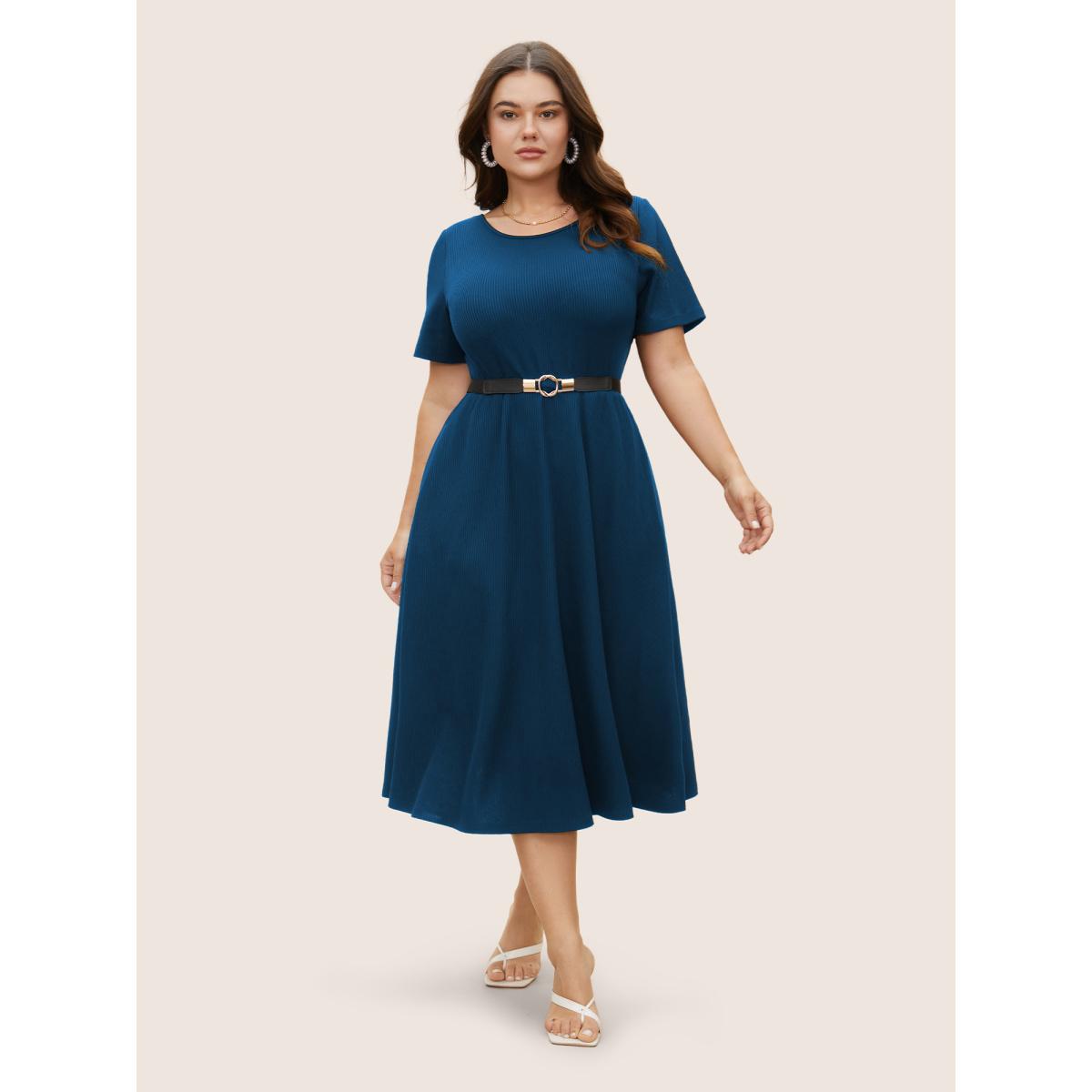 Plus Size Round Neck Contrast Back Bowknot Midi Dress DarkBlue Women Elegant Tie knot Round Neck Short sleeve Curvy BloomChic 22-24/3X Product Image